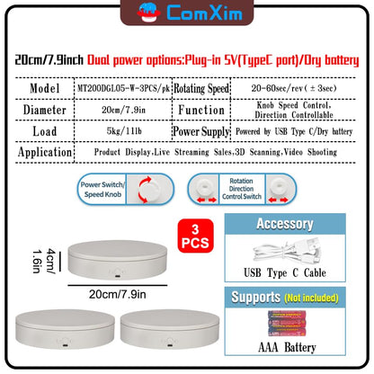 Rotating Display Stand Easy to Switch Direction, Adjustable Speed, Used for Product Display, Jewelry, Shoes Shooting and Display (7.87inch/White/(3PCS per pack)) - color: 7.87inch/White/(3PCS per pack)
