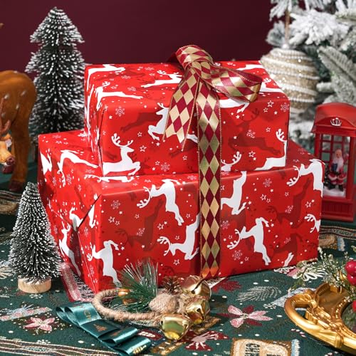 Ulmasinn Reversible Christmas Wrapping Paper - 17" x33ft Double Sided, Red Nordic Reindeer & Snowflake, Heavy Duty & Wrinkle-Free, Xmas Gift Wrap for Presents - color: Christmas Red Reindeer
