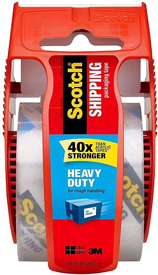 Scotch Heavy Duty Shipping Packaging Clear Tape FPMJY, 1" Core, 1.88" x 22.2 Yard, Red Dispenser, 4-Pack