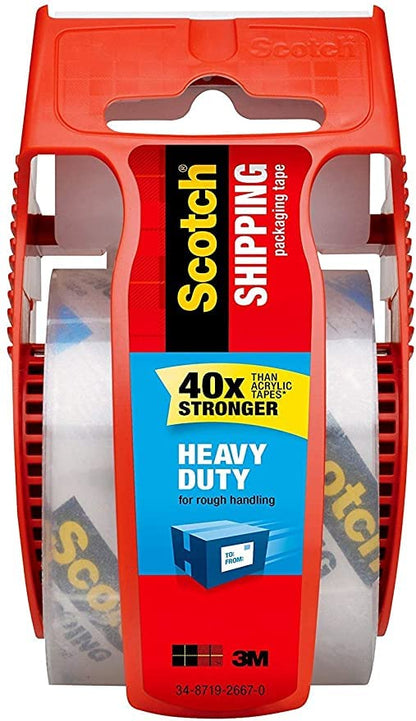 Scotch Heavy Duty Shipping Packaging Clear Tape FPMJY, 1" Core, 1.88" x 22.2 Yard, Red Dispenser, 4-Pack
