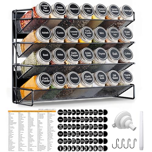 UVIAHOMI Spice Rack Organizer for Cabinet with 28 Spice Jars, 386 Spice Labels, Magnetic Spice Rack for Refrigerator, Seasoning Organizer for Countertop, Kitchen, Pantry, 13.2" W x 9.8" H, Black - color: Black