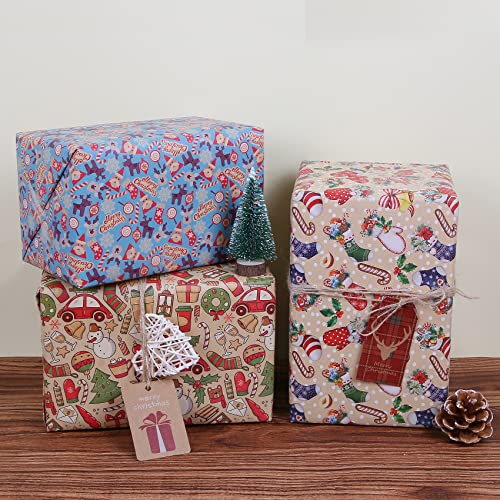 Aimyoo Blue Kraft Christmas Wrapping Paper Roll, Santa Stockings Candy Canes Deer Design, Kids Xmas Gift Wrap Paper 17 inch x 10 ft - color: QX-235, size: 1 Roll (Pack of 1)