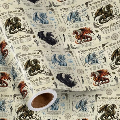 RUSPEPA Medieval Dragon Wrapping Paper Roll, Mini Roll, Mythical Dragon Lore Design Gift Wrap, Fantasy Gift Wrap Paper for Kids, Boys, Men, Gamers, Birthday, Magical Party, 17 Inch x 16.4 Feet - color: Dragon Lore
