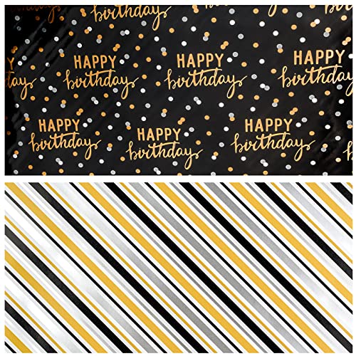 LeZakaa Reversible Black Birthday Wrapping Paper Roll for Boys Men, Happy Birthday Lettering & Stripe Pattern with Metallic Gold Foil in Black, Mini Roll, 17 inches x 32.8 Feet (46.45 sq.ft.) - color: Birthday - Gold Black, size: 17" X 32.8 ft