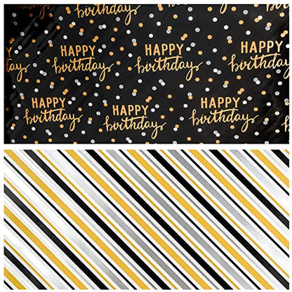LeZakaa Reversible Black Birthday Wrapping Paper Roll for Boys Men, Happy Birthday Lettering & Stripe Pattern with Metallic Gold Foil in Black, Mini Roll, 17 inches x 32.8 Feet (46.45 sq.ft.) - color: Birthday - Gold Black, size: 17" X 32.8 ft
