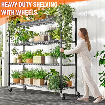 48" W Storage Shelves 1500LBS Metal Shelving Unit with Wheels, Adjustable Garage Shelving Heavy Duty Wire Rack with Liners for Pantry Warehouse Commercial Office, 48" W x 18" D x 76.77" H - size: 48" W x 18" D x 76.77" H-4 Tier