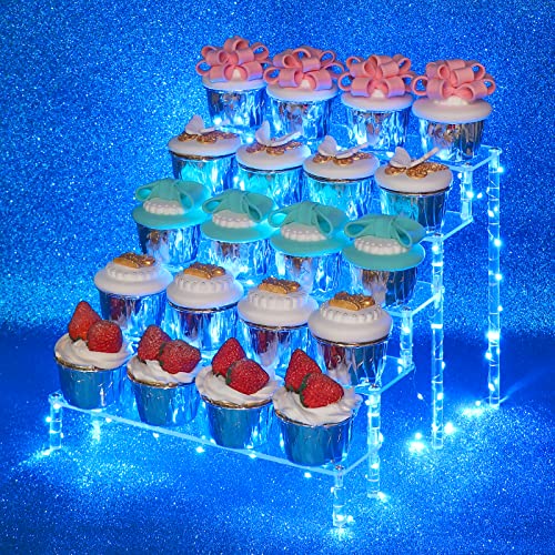 5 Tier Acrylic Risers with Blue LED Light - Acrylic Display Stands for Countertop Organizer, Collections and Cosmetics - color: Clear with Blue Light