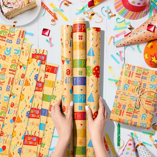 DodelyGz 12 Sheets Happy Birthday Wrapping Paper,Kraft Gift Wrap Paper For Birthdays & Baby Showers DIY Gift Packing Crafting,20 x 27 inches