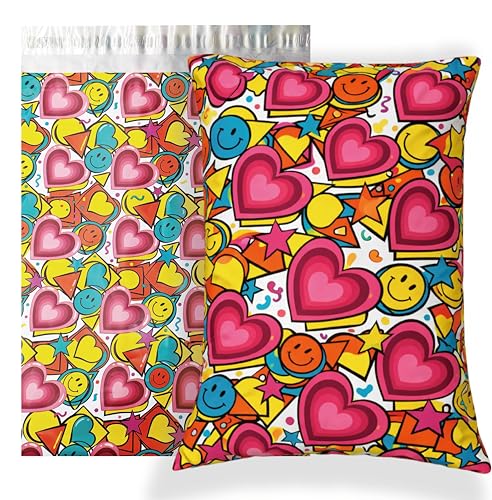 POLYSELLS 100pcs 10x13 Inches Poly Mailers, Cute Design Birthday Gifts Shipping Bags - Love Sweet & Smile Face - color: Love Heart, size: 10"x13" 100 PCS