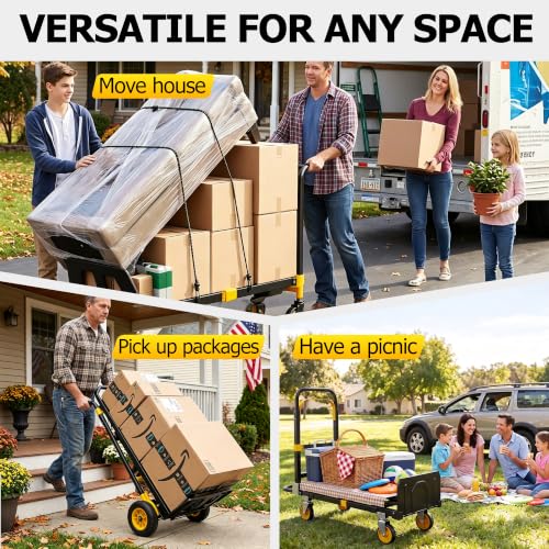 3 in 1 Folding Hand Truck, 600lbs Capacity Dolly Cart Industrial Convertible Heavy Duty with Retractable Handle and 4 Rubber Wheels, Collapsible Cart for Moving Home, Office, Warehouse - color: Black-600