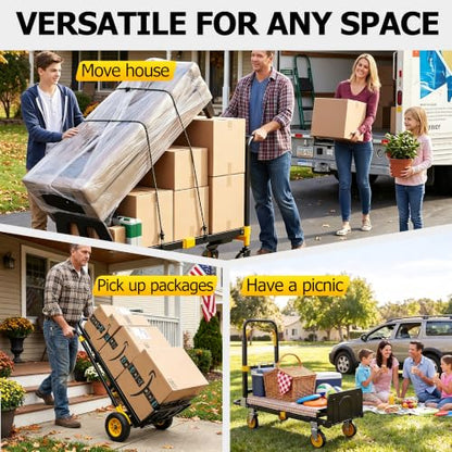 3 in 1 Folding Hand Truck, 600lbs Capacity Dolly Cart Industrial Convertible Heavy Duty with Retractable Handle and 4 Rubber Wheels, Collapsible Cart for Moving Home, Office, Warehouse - color: Black-600