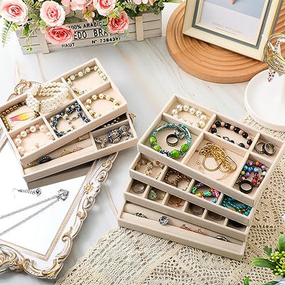 Inbagi 12 Pcs Velvet Jewelry Tray Stackable Drawer Organizer Beige
