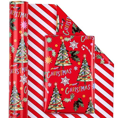 WRAPAHOLIC Reversible Christmas Wrapping Paper - Mini Roll - 17 Inch x 33 Feet - Red Christmas Tree Wrapping Paper and Stripe Design for Holiday, Party Celebration - color: Red - Christmas Tree, size: 17 inch x 33 feet