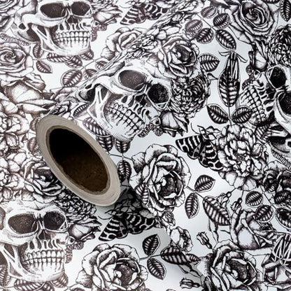 WRAPAHOLIC Halloween Wrapping Paper Roll - Mini Roll - 17 Inch x 16.5 Feet - Black and White Gothic Roses Floral Moth Skull Wrapping Paper for Halloween, Birthday, Holiday, Party - color: Skull & Floral - Balck and White