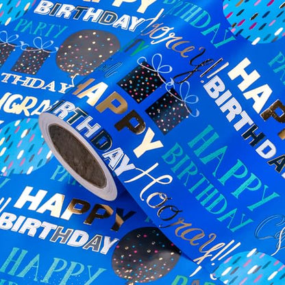 WRAPAHOLIC Birthday Wrapping Paper - Mini Roll - 17 Inch x 16.5 Feet - Blue Gold Foil Happy Birthday Wrapping Paper for Kids, Boys, Men, Baby Shower - color: Blue - Birthday Balloon & Lettering