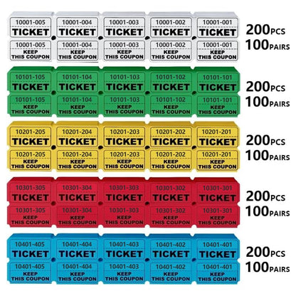 1000 Pcs Raffle Tickets Roll, 50/50 Raffle Tickets for Events, Fundraisers & Parties (5 Colors), Class Reward, Fundraiser & Prizes, Total in Five Colors (500 Pairs)