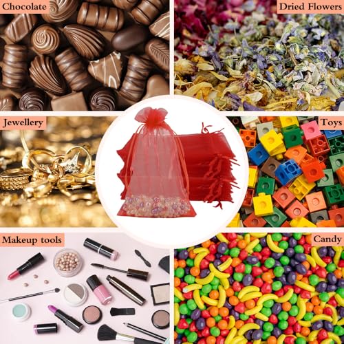 100 Organza Bags, 4x6 inch Mesh Drawstring Bags - Red Sheer Wedding Party Favor Bags for Jewelry, Candy, Party, Christmas, Valentines, Baby Shower - color: Red