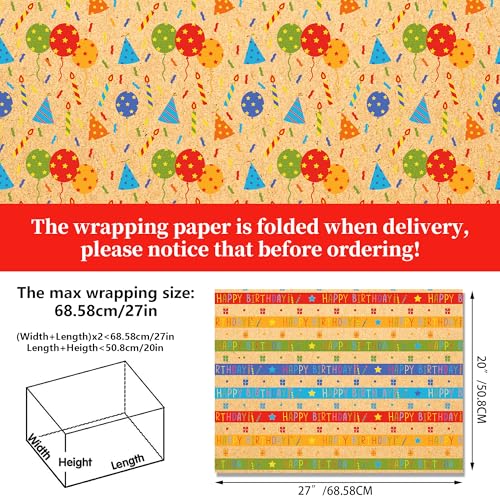 DodelyGz 12 Sheets Happy Birthday Wrapping Paper,Kraft Gift Wrap Paper For Birthdays & Baby Showers DIY Gift Packing Crafting,20 x 27 inches