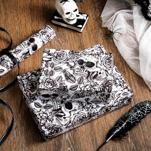 WRAPAHOLIC Halloween Wrapping Paper Roll - Mini Roll - 17 Inch x 16.5 Feet - Black and White Gothic Roses Floral Moth Skull Wrapping Paper for Halloween, Birthday, Holiday, Party - color: Skull & Floral - Balck and White