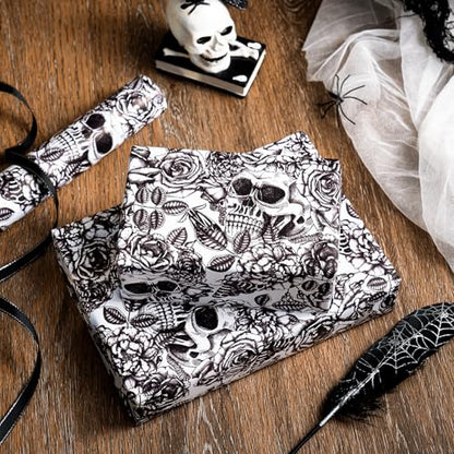 WRAPAHOLIC Halloween Wrapping Paper Roll - Mini Roll - 17 Inch x 16.5 Feet - Black and White Gothic Roses Floral Moth Skull Wrapping Paper for Halloween, Birthday, Holiday, Party - color: Skull & Floral - Balck and White