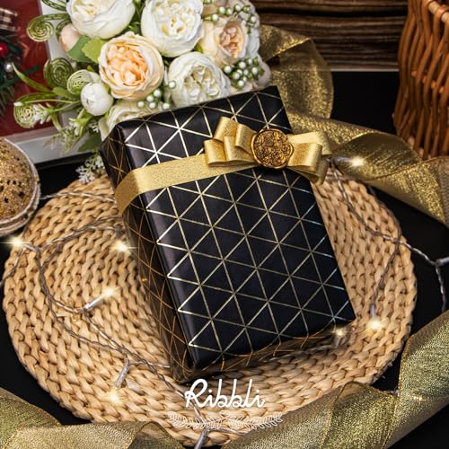 Ribbli Birthday Wrapping Paper Black and Gold Gift Wrap for Father's Day Men Husband Boyfriend Mini Roll, 3 Rolls Geometry Pattern - 17 inch x 120 inch(10feet) Per Roll - color: Black/Gold