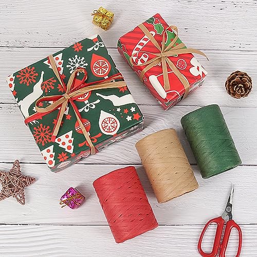 Tenn Well 3Rol 984ft Raffia Ribbon Red Green Natural for Gift Wrapping - color: Red+Green+Natural
