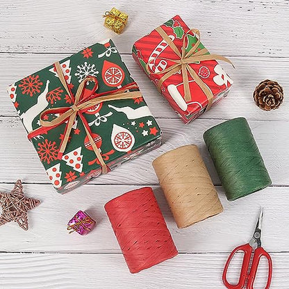 Tenn Well 3Rol 984ft Raffia Ribbon Red Green Natural for Gift Wrapping - color: Red+Green+Natural