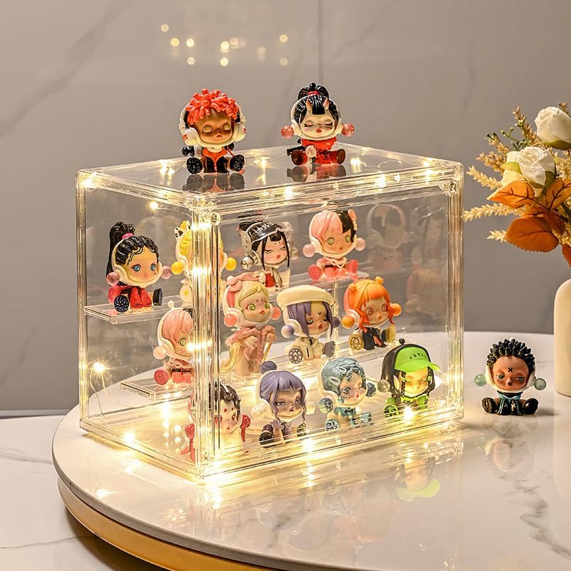 BOHOIDEE 3 Tiers Clear Display Case with Lights, Acrylic Storage Organizers Box with Magnetic Door, Acrylic Dustproof Showcase for Collectibles Action Figure - size: Tabletop Medium