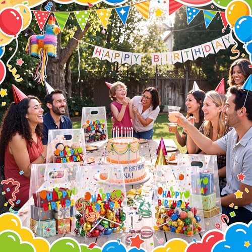Pasimy 25 Pcs Back to School Birthday Bags Birthday Plastic Gift Bags with Handles 11.8 x 7.9 x 4.7 Inch Colorful Balloons Party Gift Wrapping Pouch for Bday‌ Party Small Business Merchandise Supplies - style: Birthday