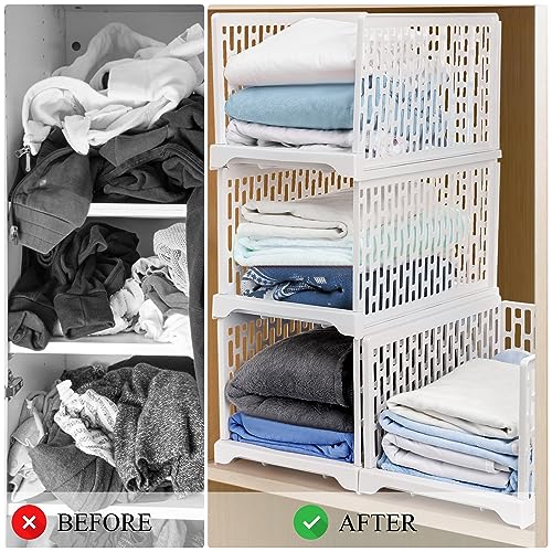 AVLA 4 Pack 38" Stackable Plastic Storage Basket, Plastic Foldable Closet Organizer Storage Bins, Wardrobe Storage Box Clothes Drawer Shelf Container for Cupboard Bedroom Dorm Bathroom Kitchen Office