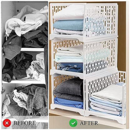 AVLA 4 Pack 38" Stackable Plastic Storage Basket, Plastic Foldable Closet Organizer Storage Bins, Wardrobe Storage Box Clothes Drawer Shelf Container for Cupboard Bedroom Dorm Bathroom Kitchen Office