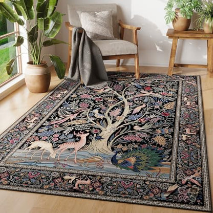 Rugcomf Area Rug 4x6 Washable Non Slip Tree of Life-Patterned, Black - color: Black—tree of Life-patterned, size: 4' x 6' (Rectangular)