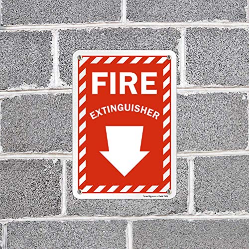 SmartSign 10 x 7 inch “Fire Extinguisher” Sign with Down Arrow and Pre-Cleared Holes, Digitally Printed, 55 mil HDPE Plastic, Red and White - color: Red