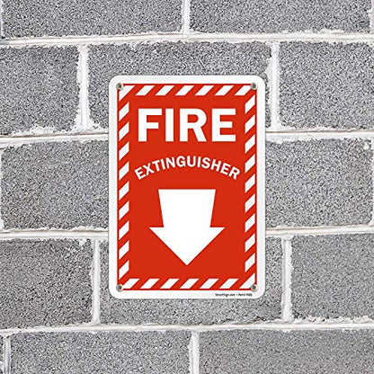 SmartSign 10 x 7 inch “Fire Extinguisher” Sign with Down Arrow and Pre-Cleared Holes, Digitally Printed, 55 mil HDPE Plastic, Red and White - color: Red