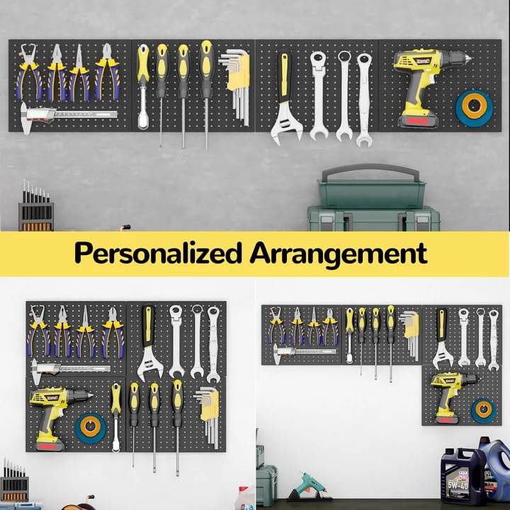 Peg Board, 4-pcs 16" x 12" Metal Pegboard Panels with 70 Hooks, Tool Organizer for Garage, Craft Room, Black