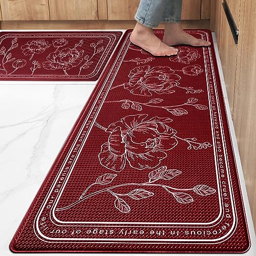 Kitchen Floor Mat Set of 2, Anti Fatigue Kitchen Mat 17"x59"+17"x29" - color: Red, size: 17"x59"+17"x29"