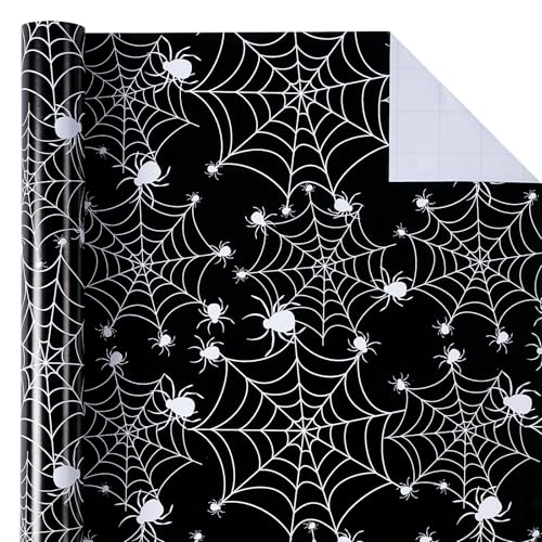 WRAPAHOLIC Halloween Wrapping Paper - Mini Roll - 17 Inch x 16.5 Feet - Black White Spider Web and Spider Wrapping Paper for Halloween Deco, Holiday, Party - color: Spider Web & Spider