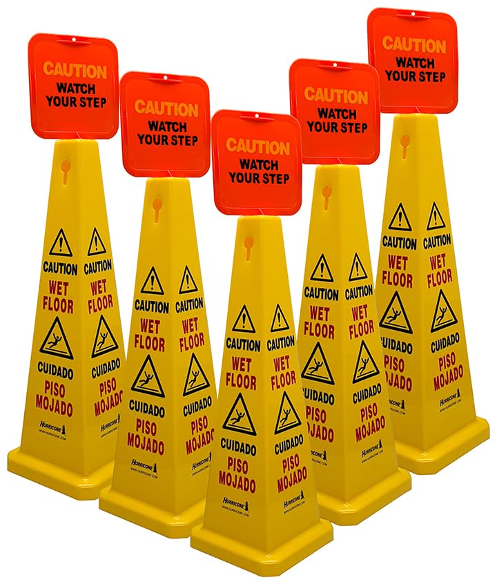 Safety Cone - 5 Pack - 36" Four Sided Yellow "Caution Wet Floor" Sign Includes Red Sign "Caution Watch Your Step" - Bilingual - English/Spanish