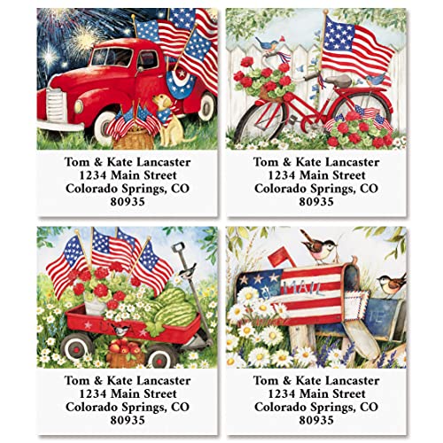 Colorful Images Patriotic Flags Waving Return Address Mailing Labels, Personalized in The USA with Names & Addresses, Set of 144 Self Adhesive, Easy Peel Flat Label Sheets, 1½” x 1¾”, 4 Designs - style: Flags-Square