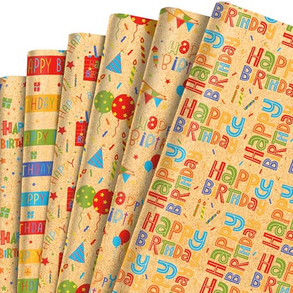 DodelyGz 12 Sheets Happy Birthday Wrapping Paper,Kraft Gift Wrap Paper For Birthdays & Baby Showers DIY Gift Packing Crafting,20 x 27 inches