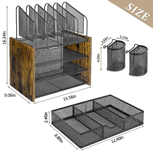 DAOUTIME 4-Tier Mesh Desk Organizer, Wooden Desk File Organizer with 5 Vertical File Holders and 2 Pen Holders, Desktop Organizers and Accessories with Drawer for Home Office (Pack of 2) - size: With Drawer (Pack of 2)