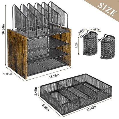 DAOUTIME 4-Tier Mesh Desk Organizer, Wooden Desk File Organizer with 5 Vertical File Holders and 2 Pen Holders, Desktop Organizers and Accessories with Drawer for Home Office (Pack of 2) - size: With Drawer (Pack of 2)