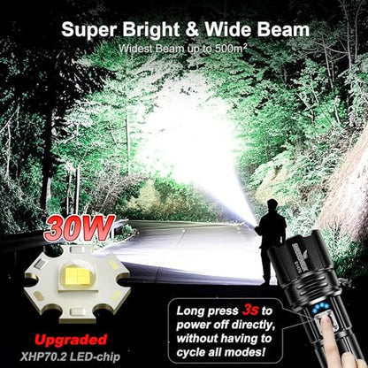Flashlight 10000 High Lumens Rechargeable 30W Super Bright LED Flash Light