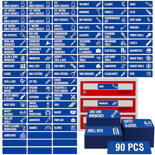 90 PCS Magnetic Toolbox Labels, 82 Pre-Printed & 8 Blanks Large Size Tool Chest Organizer Labels Strong Magnetic & Easy to Read Printing Fits All Brands of Steel Tool Box Drawers (Blue, 3.5” x 1”) - color: Blue
