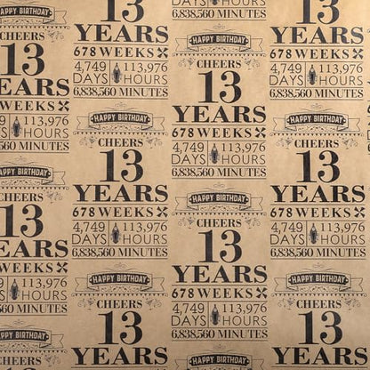 RUSPEPA Birthday Wrapping Paper Roll, Mini Roll, Black 13 Years Design Kraft Gift Wrap Paper Great for Birthday, Party, Holiday, 17 inches x 16.4 feet, 13th Birthday - color: 13th Birthday