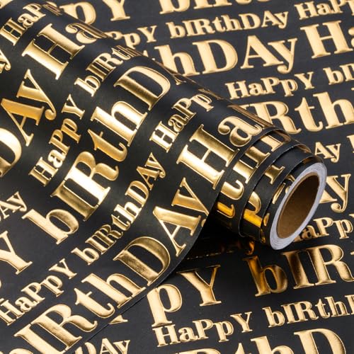WRAPAHOLIC 30 Inch 3D Kraft Birthday Wrapping Paper Roll - 30 Inch x 16.5 Feet - Gold and Black Happy Birthday Wrapping Paper with Embossed Perfect for Holiday, Party Celebration - color: Black & Gold Happy Birthday, size: 30 inch x 16.5 feet