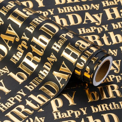 WRAPAHOLIC 30 Inch 3D Kraft Birthday Wrapping Paper Roll - 30 Inch x 16.5 Feet - Gold and Black Happy Birthday Wrapping Paper with Embossed Perfect for Holiday, Party Celebration - color: Black & Gold Happy Birthday, size: 30 inch x 16.5 feet