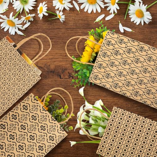 Elsjoy 100 Pack 4 Styles 5" x 8" Small Kraft Paper Gift Bags with Handles, Brown Paper Party Favor Bags, Vintage Paper Goodie Bags for Wedding, Birthday
