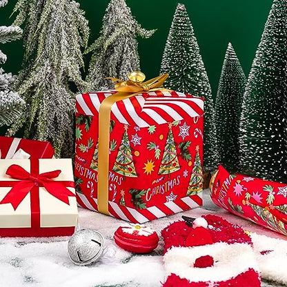 WRAPAHOLIC Reversible Christmas Wrapping Paper - Mini Roll - 17 Inch x 33 Feet - Red Christmas Tree Wrapping Paper and Stripe Design for Holiday, Party Celebration - color: Red - Christmas Tree, size: 17 inch x 33 feet