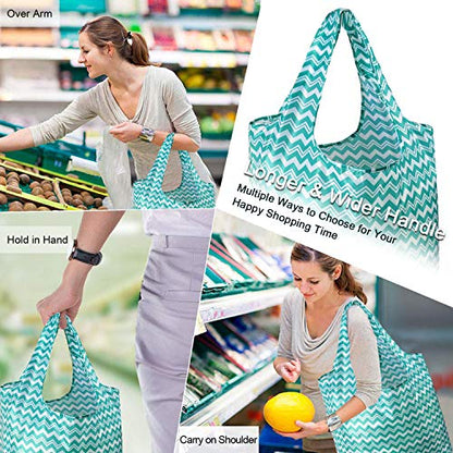 BeeGreen Reusable Grocery Bags Lightweight Durable Shopping Bags Washable Foldable 12 Pack Xlarge Classic Geometric Design Gift Tote Grocery Bags with Elastic Band and Separated Zipper Storage Pouch - color: Black Navy Teal Royal Grey White Blue Moss